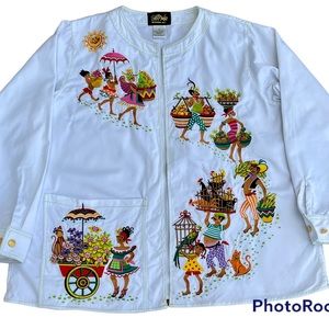 Ladies Bob Mackie Vintage Wearable Art White Embroidered Jacket Jamaica Sz 1X